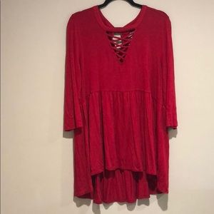 Torrid Red Criss Cross 3/4 Sleeve High Low Top